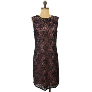 Adrianna Papell Lace Embellished Shift Dress 4 Beaded Neckline Navy Pink Silk B8